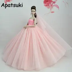 Светло-розовое платье для куклы Барби одежда Vestidoes длинный хвост вечернее платье одежда свадебное платье + вуаль 1/6 аксессуары для куклы