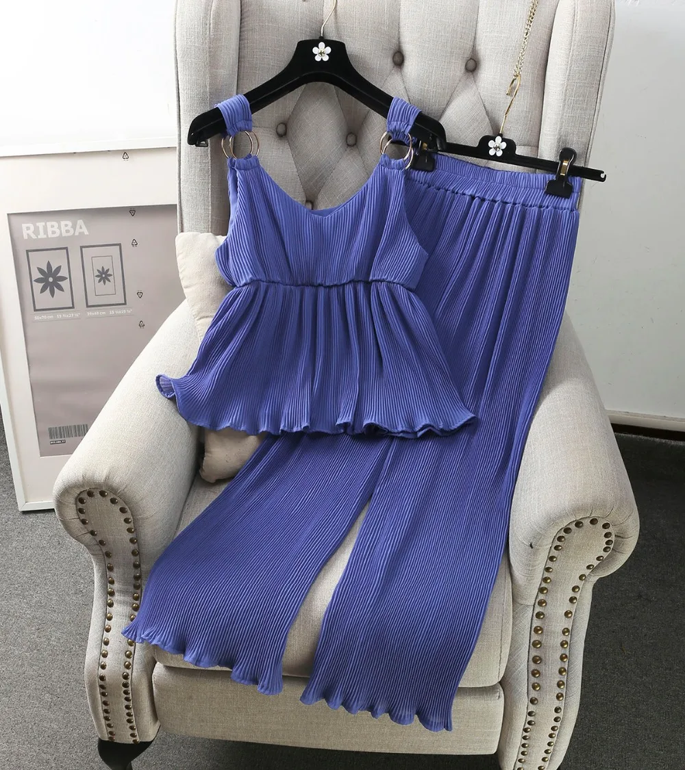 2017 Women Chiffon Vest Pants 2PCS Sets Casual Style Shirts+Wide Leg Long Pant Set Female Woman