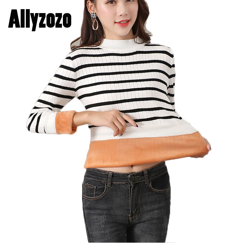 

Women Fashion Warm Winter Striped Pullovers Sweater With Velvet Female Crochet Knit O neck Sweaters Tops Size XL