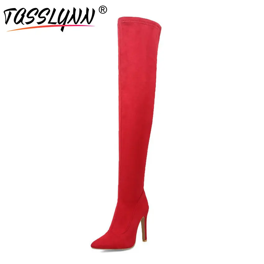 

TASSLYNN 2018 Women Boots Sexy Pointed Toe Thin High Heels Over The Knee Boots Flock Spring Autumn Zipper Boots Woman Size 34-43