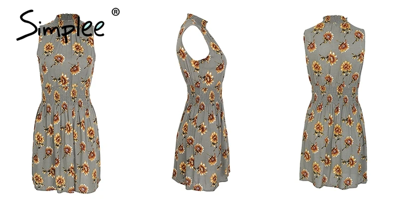Женское мини-платье Simplee с цветочным принтом, короткое платье с эластичной талией без рукавов, пляжный сарафан бохо