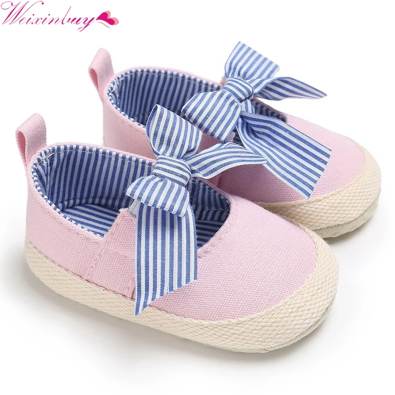 Baby Girls Princess Shoes Kids First Walkers Fashion Striped Big Bow Soft Soled Anti-Slip Dress Shoes M1