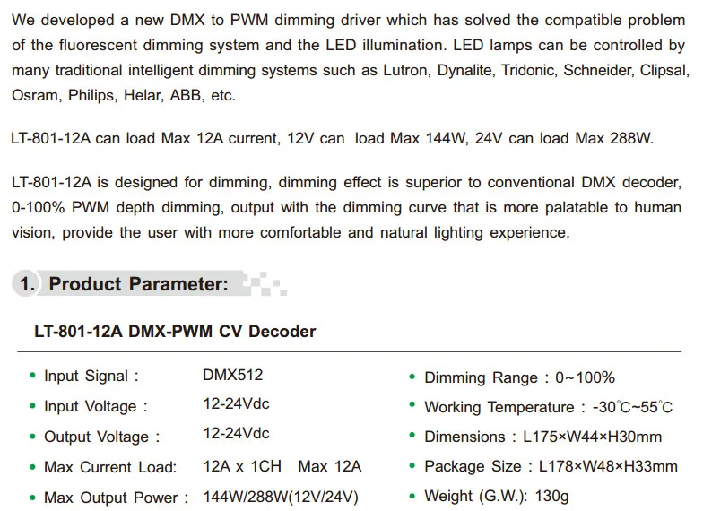 LT-801-12A светодиодный контроллер фирмы ltech Диммируемый драйвер 1CH DMX-PWM декодер DC12-24V вход; 12A* 1CH выход 1 канал одноцветная полоса декодер