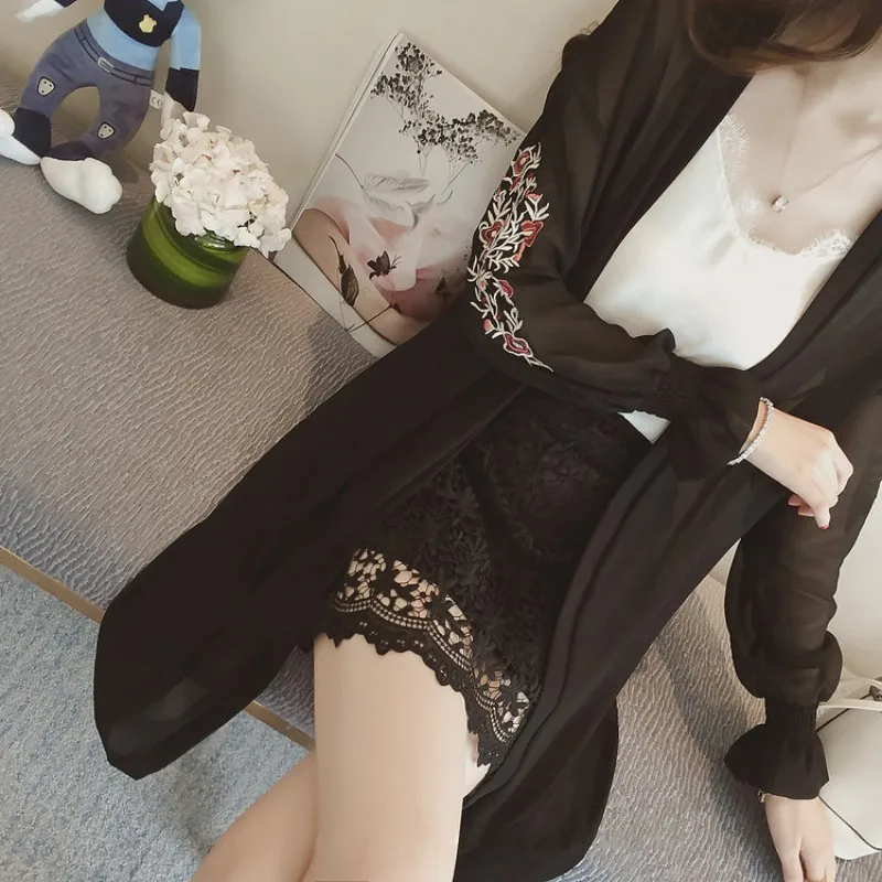 Women Chiffon Summer Blouse Floral Embroidery Kimono Cardigan Sleeve Long Shirt Women Cardigan