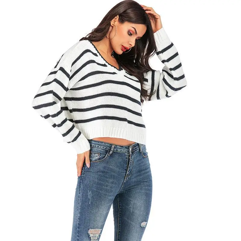 Sweater Women Striped Short Loose Sweaters Women's Long Sleeve Knit Sweater 2019 Casual V-neck Pullovers Womans Knit Tops Sweater Women Striped Short Loose Sweaters Women's Long Sleeve Knit Sweater 2019 Casual V-neck Pullovers Womans Knit Tops