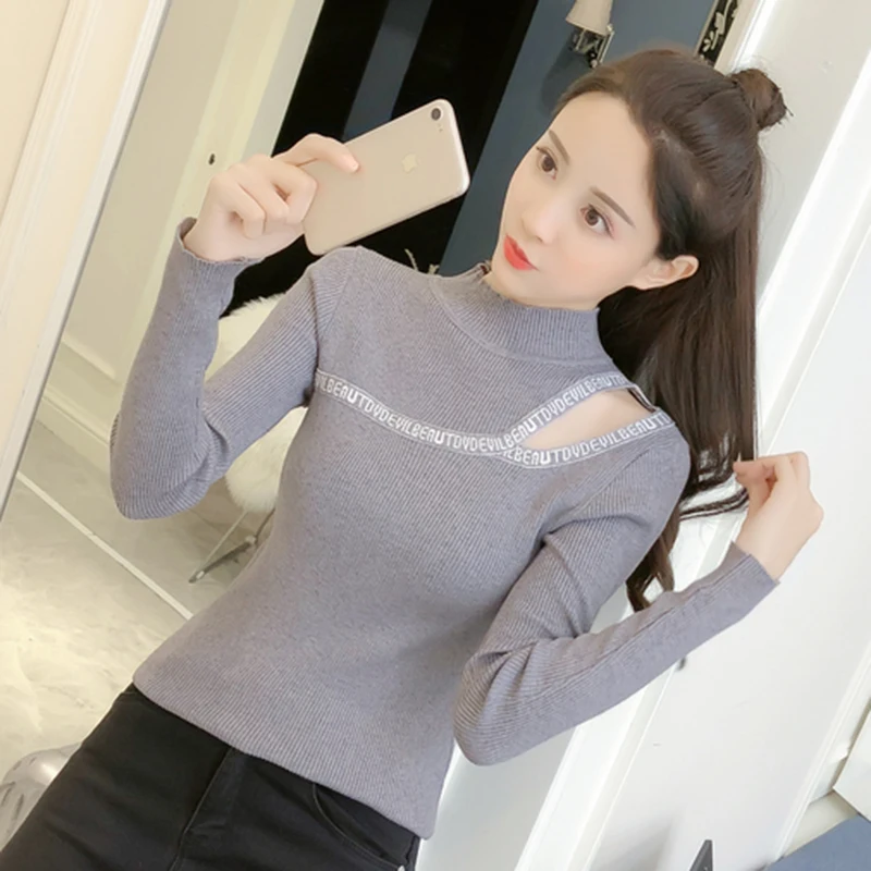 Turtleneck Sweater Elasticity Sexy Off Shoulder Korean Winter Woman Sweater Letter Embroidery Pullover Women Slim Sweaters 