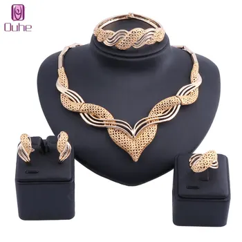 

Latest Dubai Gold Color Jewelry Sets Fashion Nigerian Wedding African Beads Costume Necklace Bangle Earring Ring Gift Set