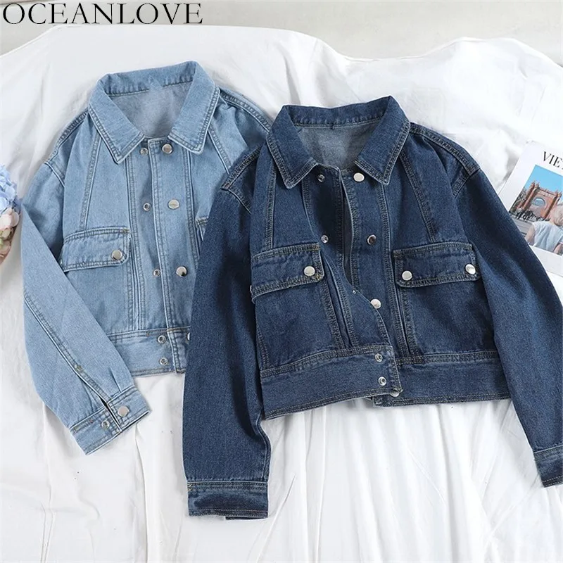 

OCEANLOVE Solid 2019 Autumn Denim Jacket Women Single Breasted Casual Chaqueta Mujer Pockets Long Sleeve Casaco Feminino 12256