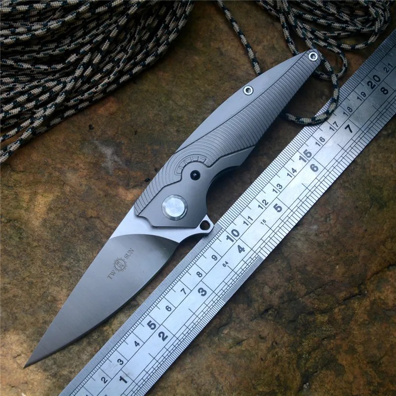 

TwoSun knife D2 satin blade pocket knife drop point gray titanium handle with pocket clip folding gift collection knife