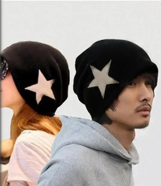 Skullies Beanies Корейская пара теплая зимняя повседневная индивидуальная пятиугольная звезда Модная вязаная шерстяная шапка 93007