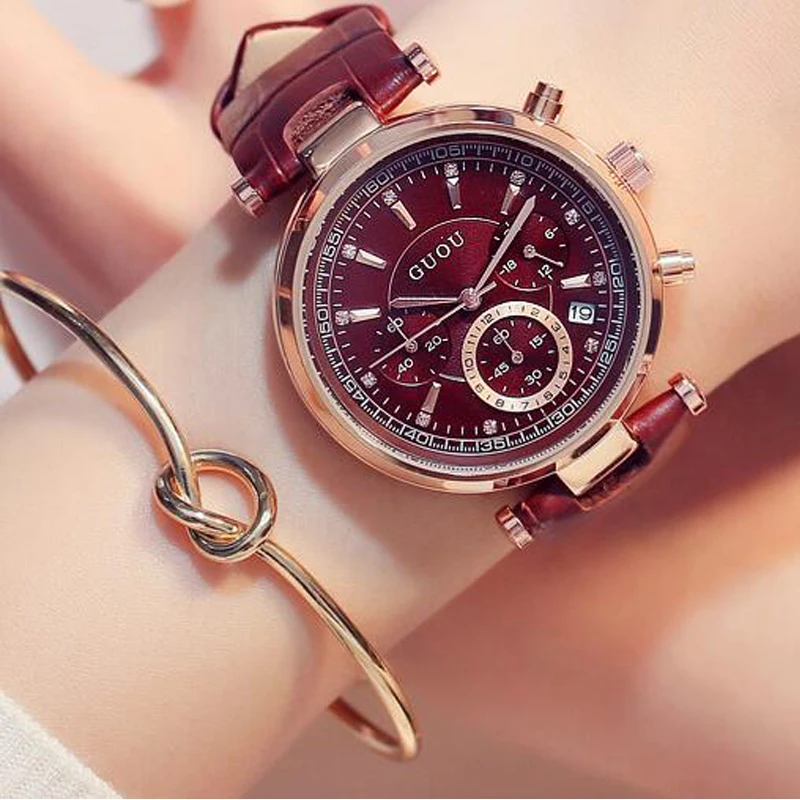 Achat 2018 Mode GUOU Marque Femmes Imperméable De Luxe Six pin Calendrier En Cuir Quartz Dames Robe Montres Bracelet Fille Cadeau Horloges