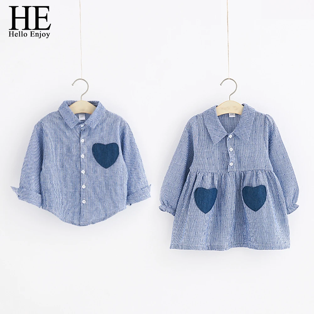 HE Hello Enjoy Family Matching Clothes Big-Sister-Little-Brother Shirts Long Sleeve Stripe Love Pocket Dress Family Look Outfit
