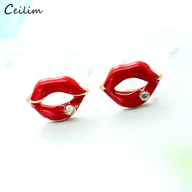 New Hot Red Lip Stud Earrings for Women Mouth Pattern Crystal Earring