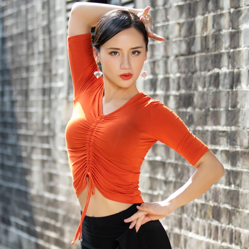 Latin Dance Top Women Mid Sleeve Shirts Rumba Cha Cha Samba Tango Salsa Dancing Wear Adults Practice Show Clothes Lady DNV11670