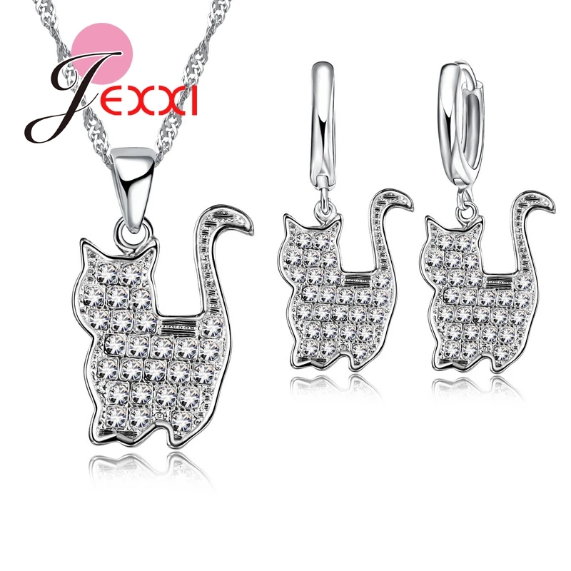 925 Sterling Silver CZ Crystal Jewelry Sets Beautiful Chain Pretty Persian Cat PendantsNecklace Earrings Lovers Gift | Украшения и