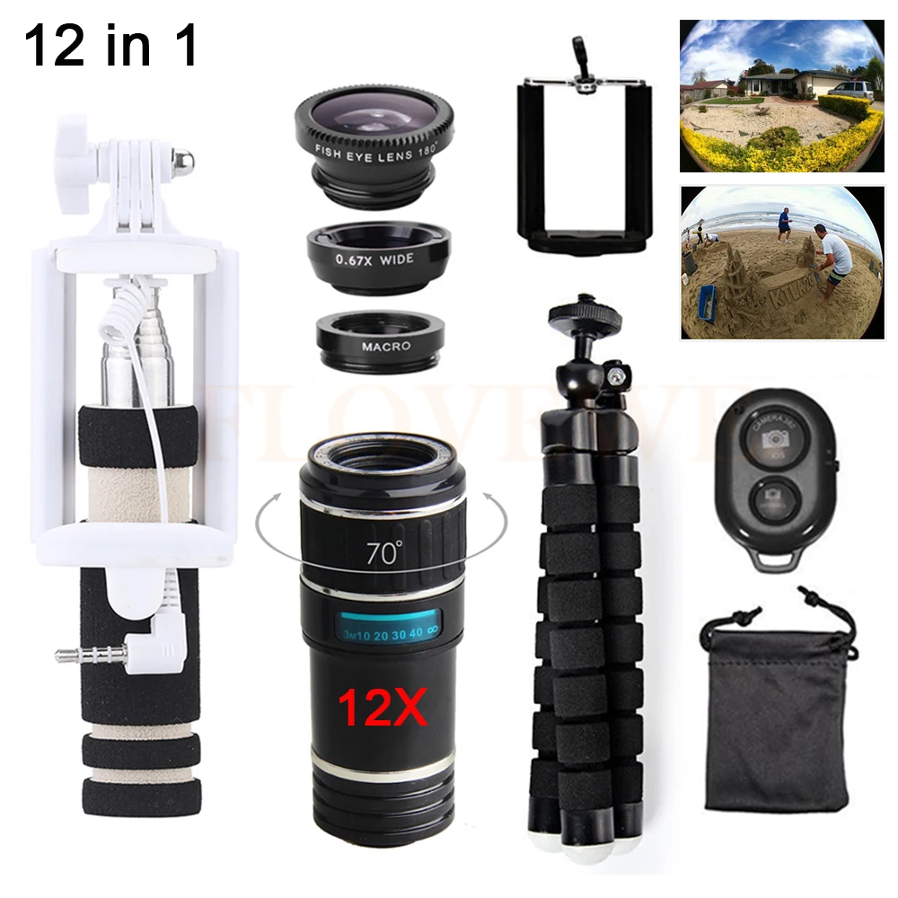 

Universal Clips 12in1 Phone lenses Kit 12X Telephoto Zoom Lentes Telescope Wide Angle Macro Fisheye Lens For iPhone 6 6s 7 Plus