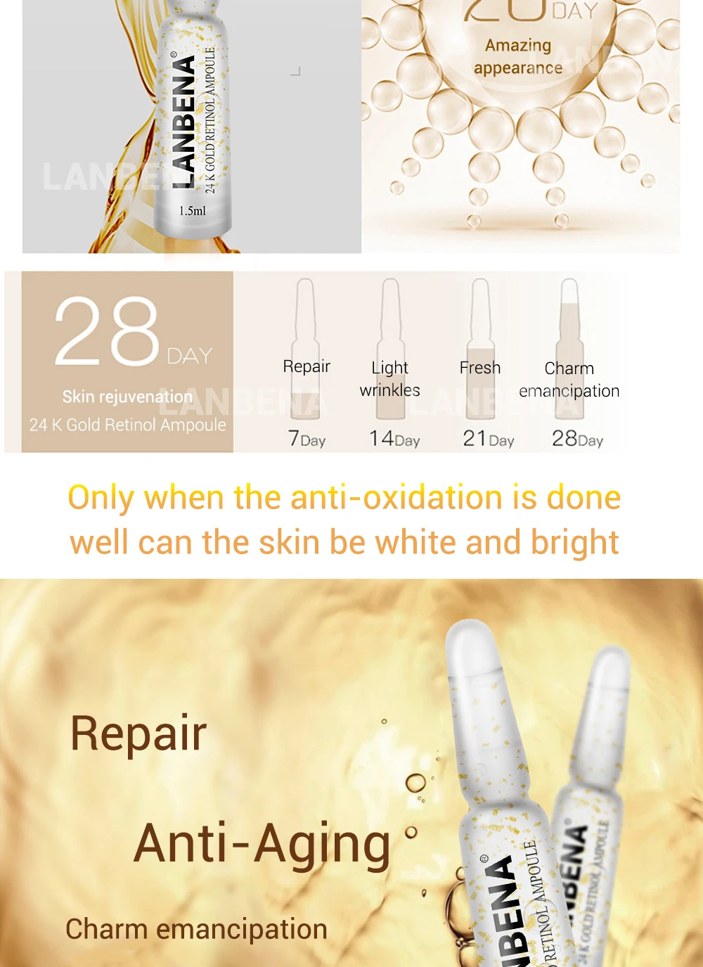 LANBENA 24 K золото Retinol ампулы лицо сыворотка анти-старения морщин лифтинг, укрепление удалить тонкие линии увлажняющий, питательный сущность