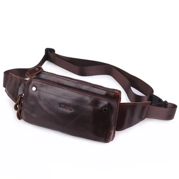 

High Quality Men Oil Wax Cowhide Fanny Pack Multi-Pocket Shoulder Bag Thin Hip Bum 100% Genuine Leather Belt Waist Chest Bag