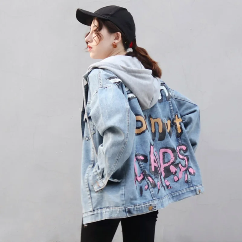 

YingYuanFang Fashion new hooded thick letter print hip hop denim jacket