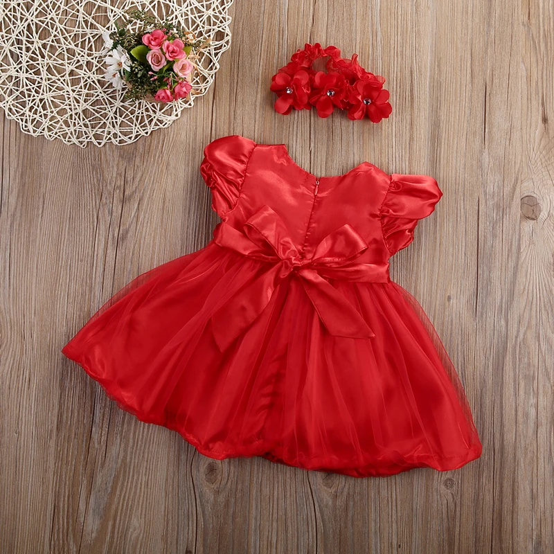 Одежда для маленьких девочек, платье, пышные рукава, повязка на голову с цветами, красное платье принцессы для свадебной вечеринки, пышное фатиновое платье-пачка