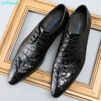 

QYFCIOUFU Pointed Toe Italian Genuine Leather Shoes Men Alligator Pattern Dress Shoes Lace-up Men's Wedding Shoes Formal Shoes