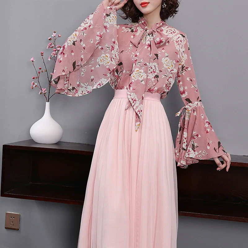 two piece set Women Blouse And Skirt Sets Spring Bows Floral Printed