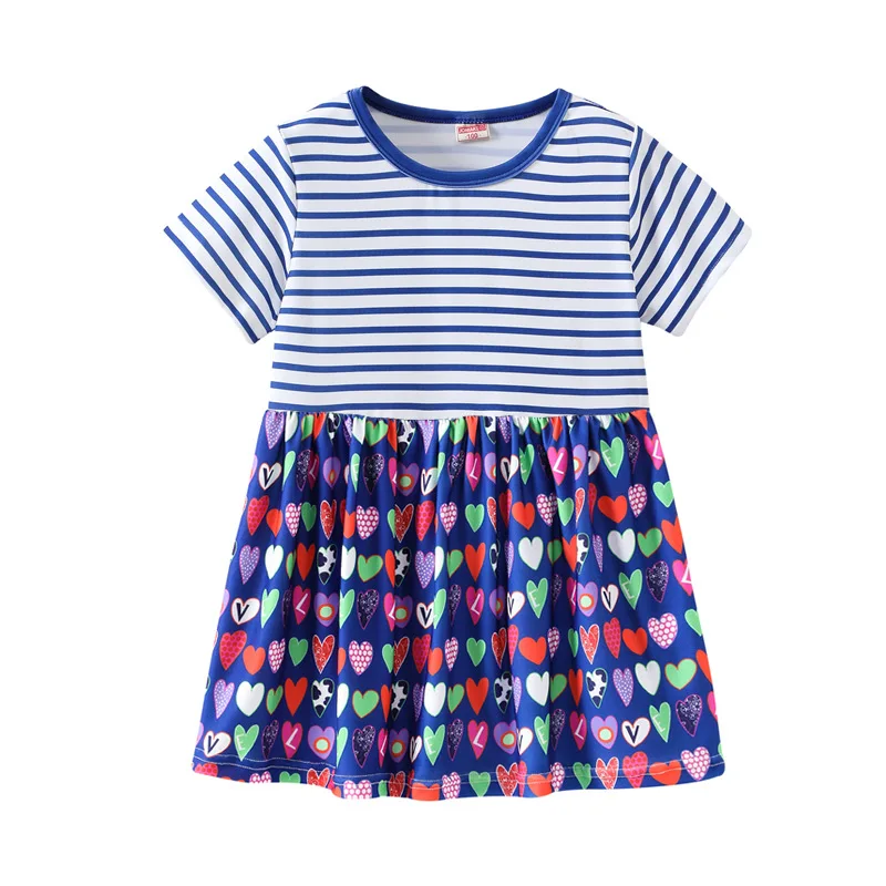 Summer Printed and Striped Patchwork Baby Princess Girls Short-sleeved Dress Girls Clothes For 2-7 Years Old