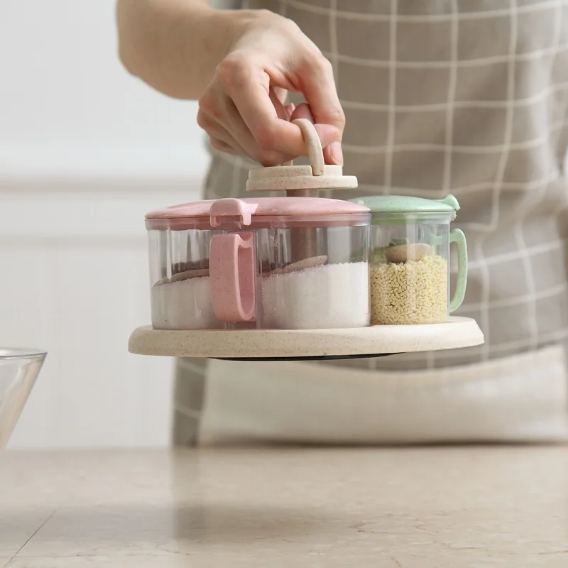 

Wheat Straw Rotating Seasoning Jar Three-in-one Combination Seasoning Box Set Kitchen Supplies Salt Storage Bottle