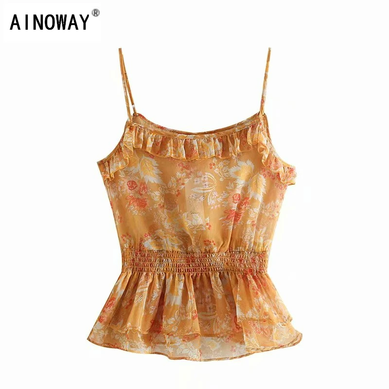 

Vintage chic Summer women floral print beach sleeveless crop tops bohemian chiffon vest short version camis ruffles female