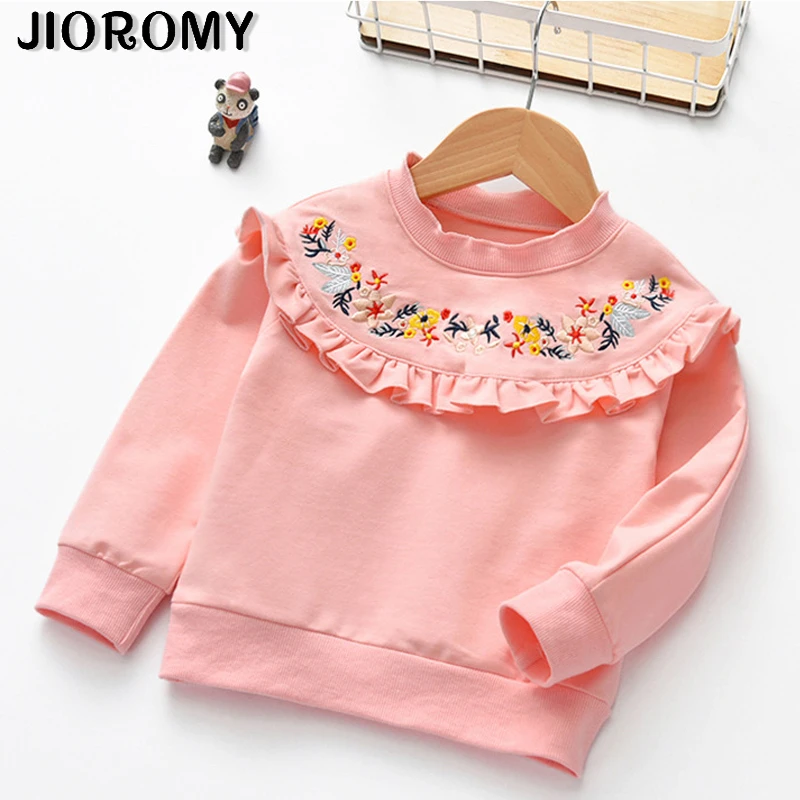 

2019 Autumn New Girls Long-sleeved Embroidered T-shirt Girl T-shirt Top Lotus Leaf Lace Flower T-shirt Kids