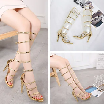 

Golden sandals female summer high straps sexy stiletto super high heels waterproof platform long tube Roman boots