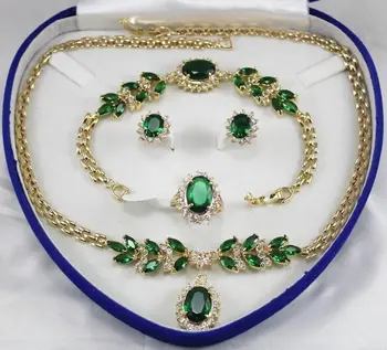 

women's jewelry Green Crystal Gem yellow gold Earring Bracelet Necklace Ring+box 5.27