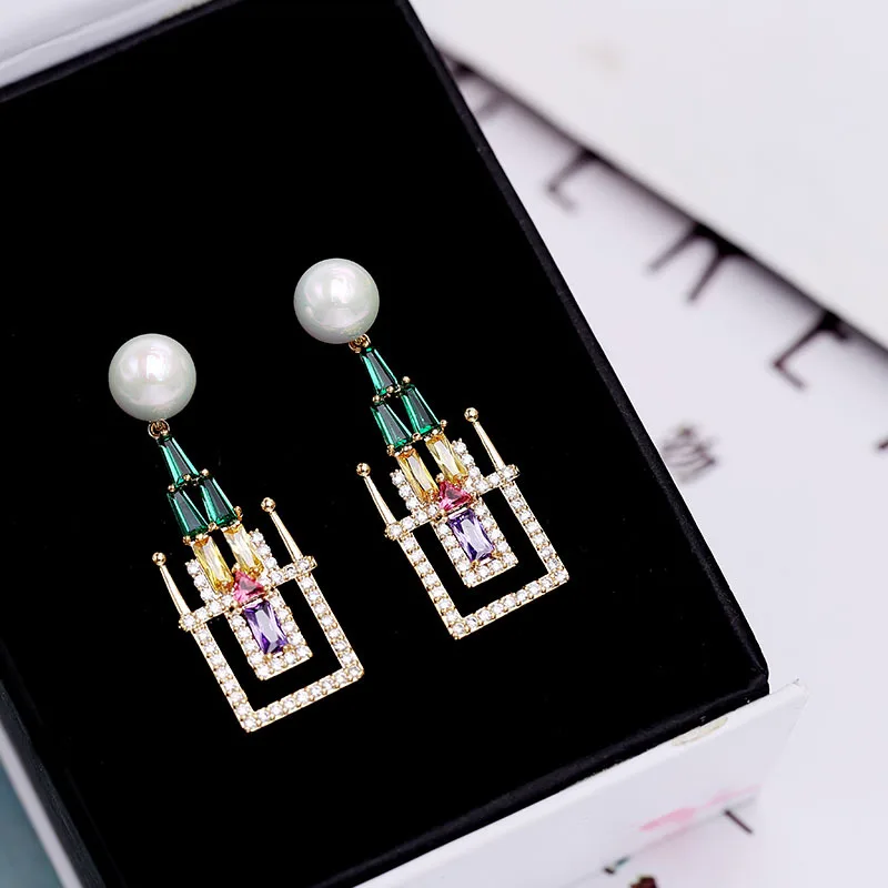 

New Creative Fairytale Castle Pearl Drop Earrings Micro-inlaid AAA Zircon Jewelry For Women ZK40