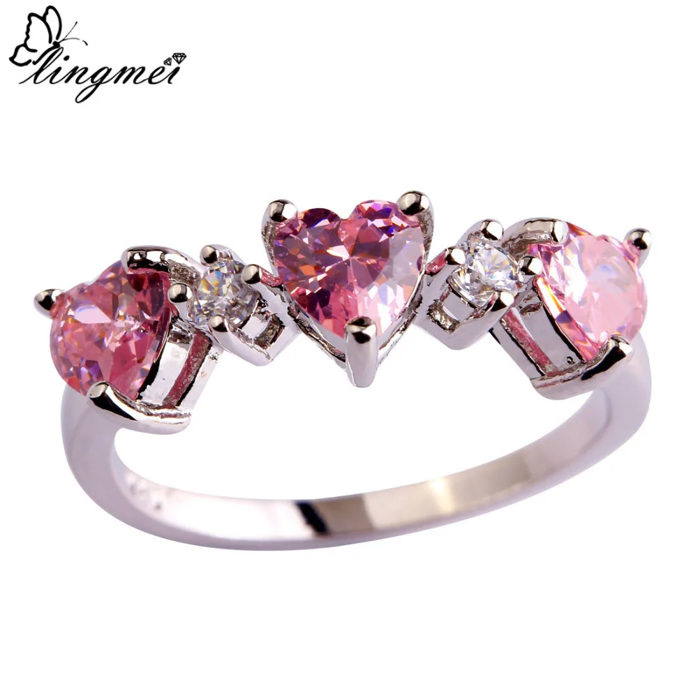 

lingmei Forever Love Wedding Band Heart Pink & White CZ Silver Color Ring Jewelry Size 6 7 8 9 10 Free Shipping Wholesale 953R8