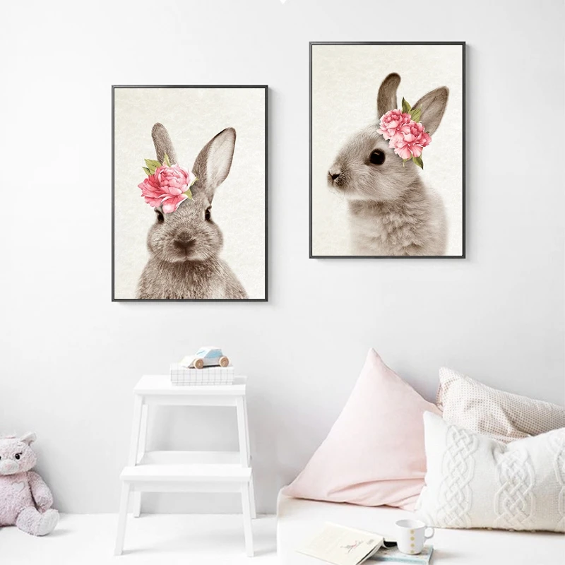 Us 2 57 20 Off Bunny Rabbit Wall Art Prints Baby Animal With Flower Poster Canvas Painting Nursery Girl Woodland Decor In Painting Calligraphy