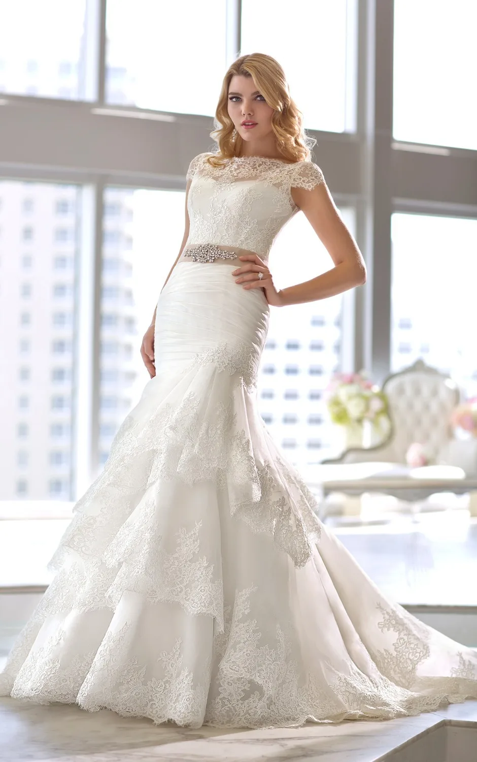 This Royal Organza and lace trumpet wedding dress comes