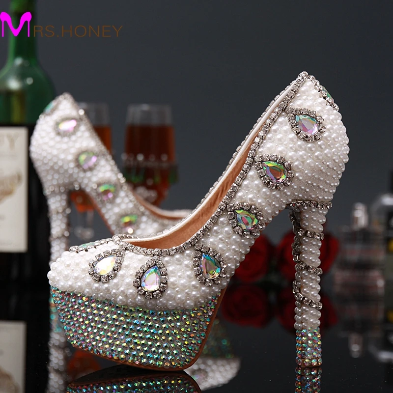 AB Crystal High Heels Bridal Wedding Dress Shoes Full Pearl Round Toe Lady Evening Party Pumps Shoes Stiletto Heel Woman Shoes