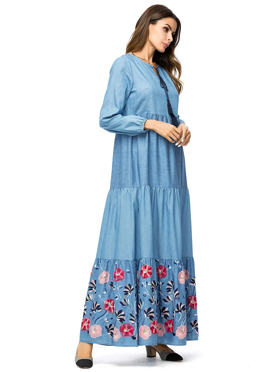 

Casual Oxford Kaftan Denim Dres Embroidery Full Length Robe Abaya Fashion Muslim Arabic Robe Comfortable 7211