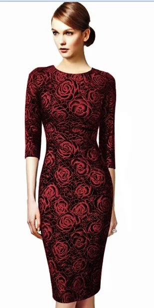 FEIBUSHI осеннее элегантное Деловое платье для женщин с принтом розы, платье с круглым вырезом и рукавом 3/4, повседневные облегающие вечерние платья бодикон - Цвет: wine Red