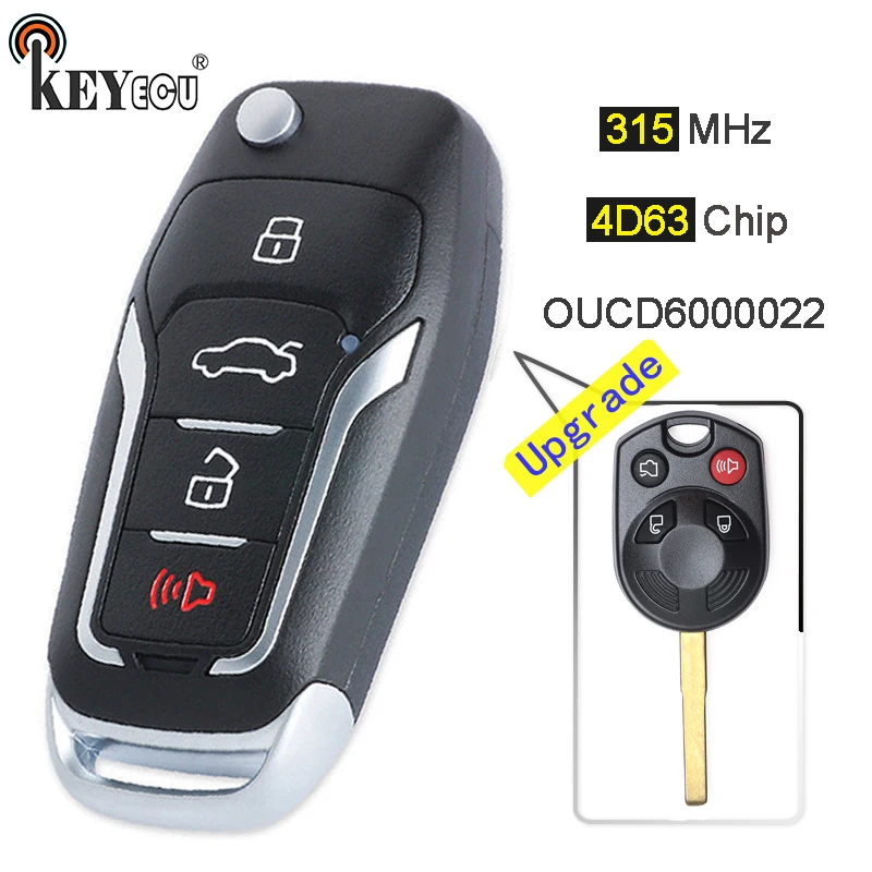 

KEYECU 315MHz 4D63 Chip OUCD600002 Upgraded Flip Remote Key Fob 3+1 4 Button for Ford C-MAX Escape F-350 Focus Transit Connect