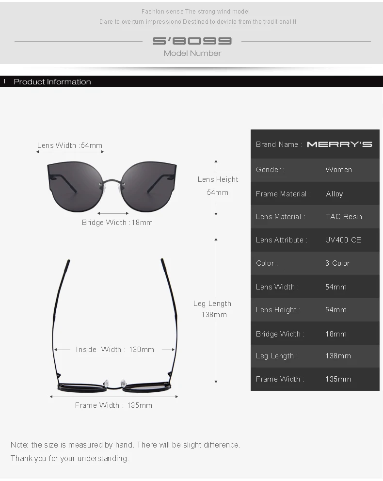 MERRYS, женские классические брендовые дизайнерские солнцезащитные очки кошачий глаз, без оправы, металлическая оправа, солнцезащитные очки S8099