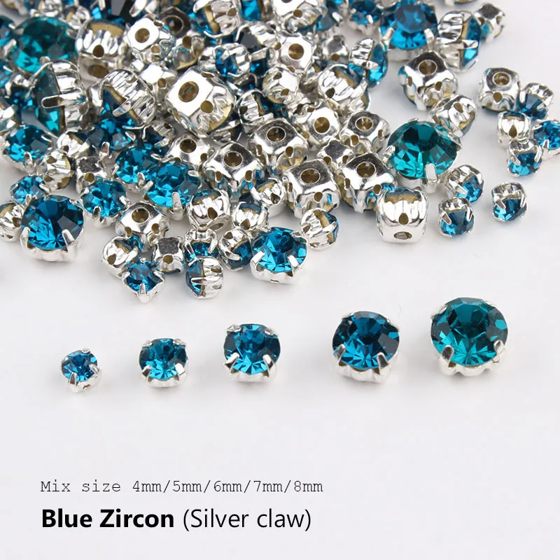 Sew On Rhinestones with Silver Base 4mm 8mm Mix Size 120pcs Blue Zircon
