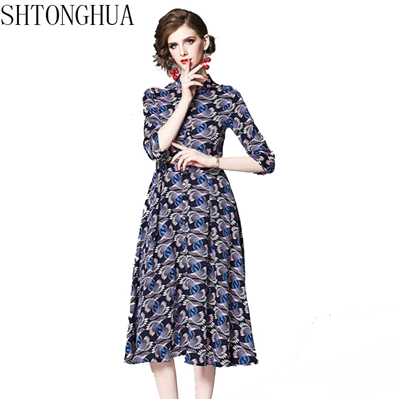 SHTONGHUA летние платья с принтом для женщин модные тонкие богемные Vestidos европейские винтажные повседневные офисные вечерние платья макси