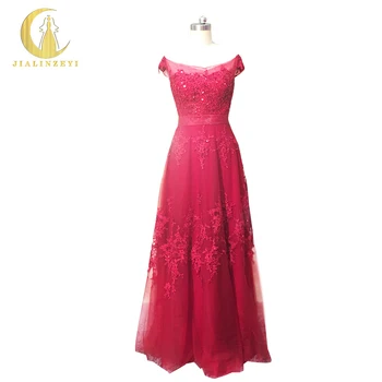 

Real Pictures Sexy Dark Red Boat Neck Lace Design Floor Length Formal dress Party Dresses Hot Sale Party Prom Dresses 2020