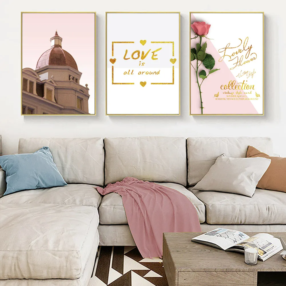 Art Prints Nordic Poster Pink Rose Canvas Pictures For Living Room Love Wall Art Canvas Painting Landscape Wall Painting framed