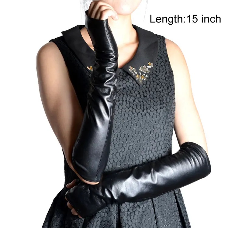 La'die's/женские черные перчатки с открытыми пальцами из натуральной кожи, вечерние длинные перчатки без пальцев - Цвет: Length 15 inch