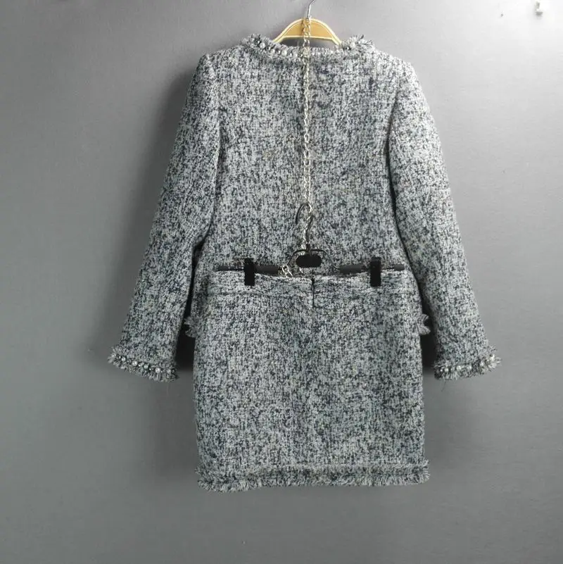 gray tweed jacket+ skirt suits hand-beaded Spring /Fall / Winter new ladies coats 2-piece skirt suit Women's Jackets