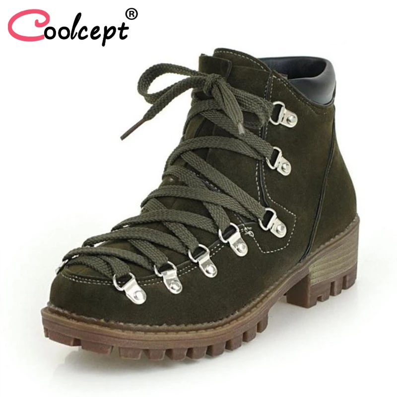 

Coolcept Vintage Women Ankle Boots Lace Up Rivet Round Toe Warm Shoes Women Thick Heel Winter Boots Fashion Footwear Size 34-43