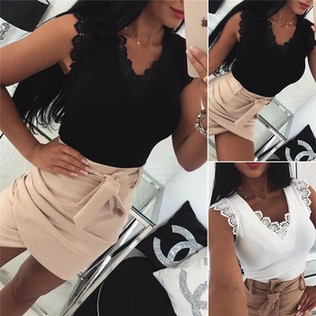 

2019 New Fashion Women Ladies Sexy Lace Patchwork V-Neck Sleeveless T-Shirt Tops Casual Backless Shirt Tee