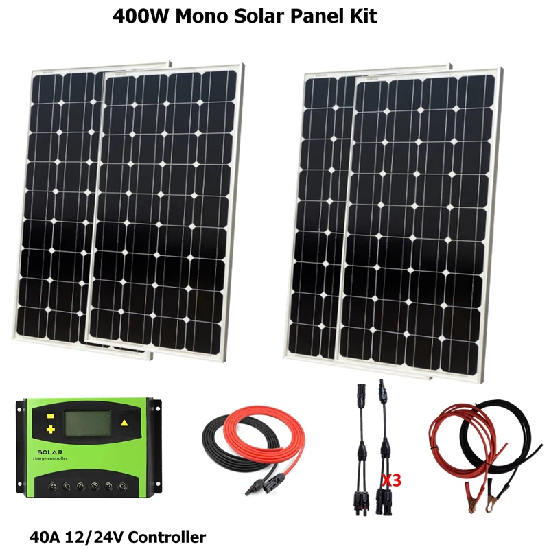 

400W Monocrystalline Solar Panel 4pcs 100W Module W/ LCD 40A Solar Controller+solar/battery cable+MC4 Connector solar system